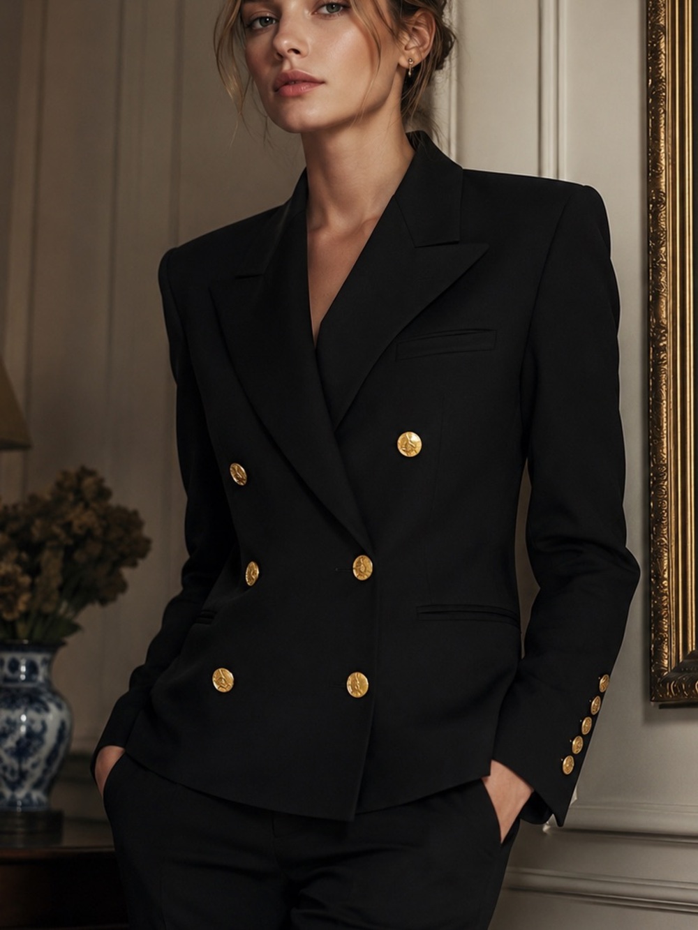 Vintage Austin Reed Black Wool Double Breasted Gold Button Blazer Sz 4